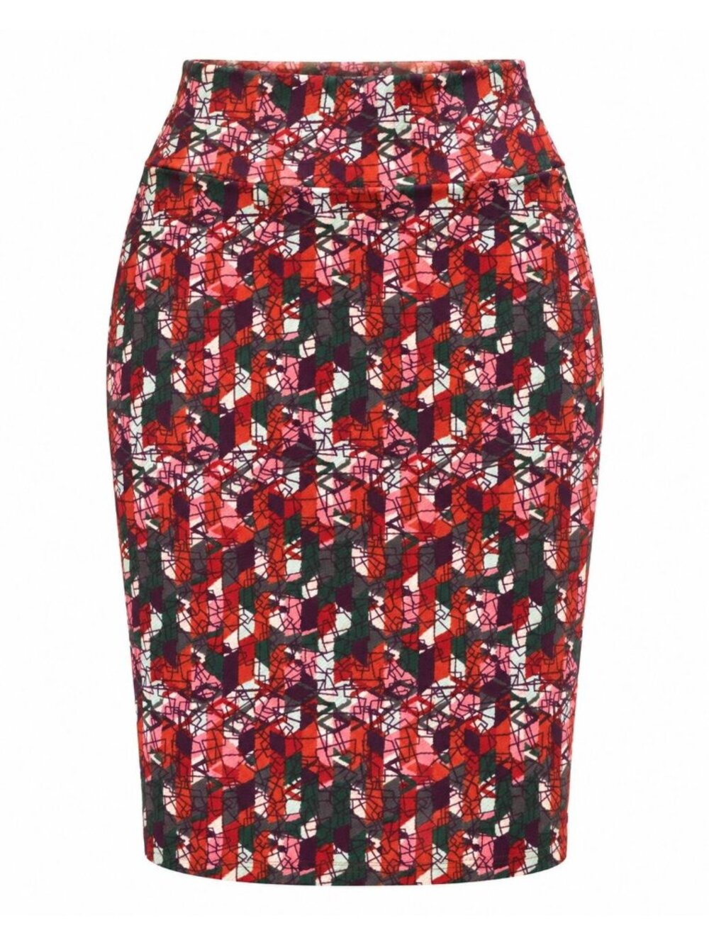 LuLaRoe Medium Red Multicolor Abstract Cassie Pencil Skirt Stretch Knee Length